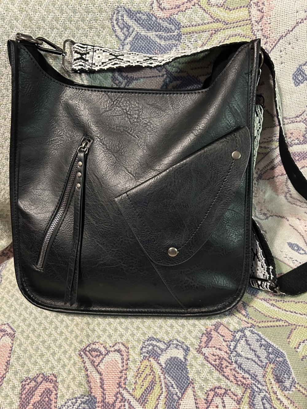 Classic Black Faux Leather Crossbody with Patterned Strap